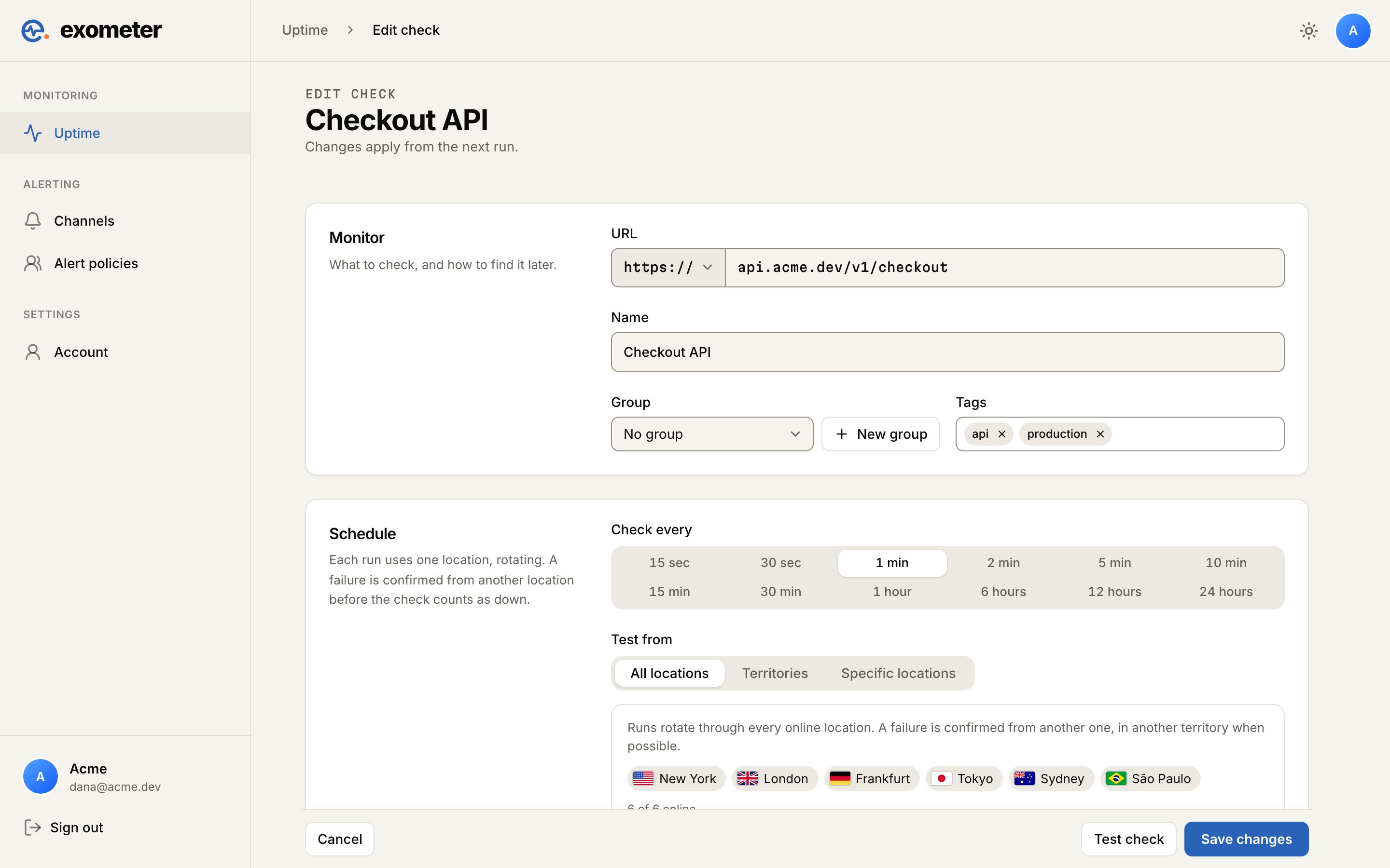 Editing a check in Exometer: the URL and name, tags, a choice of check interval from 15 seconds to 24 hours, and test locations with country flags.