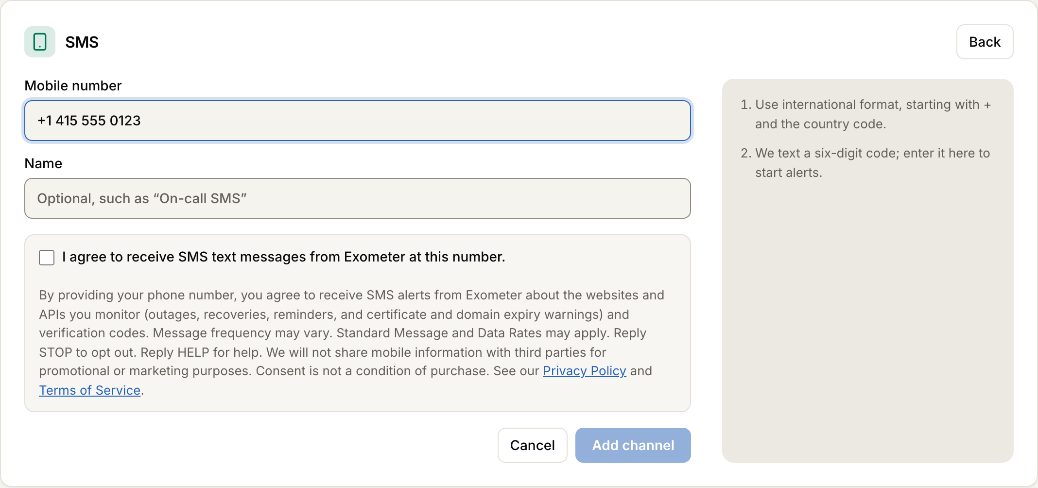 The Exometer SMS opt-in form: a Mobile number field, an optional name, an unchecked checkbox reading “I agree to receive SMS text messages from Exometer at this number.”, the full SMS disclosure, links to the Privacy Policy and Terms of Service, and an Add channel button.